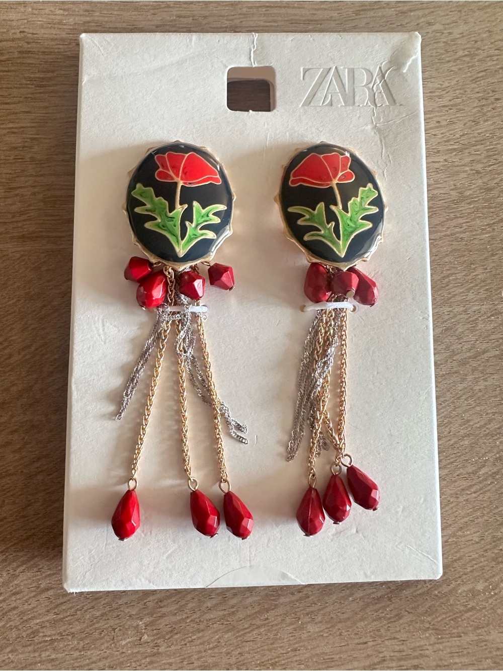 Zara Red Floral Drop Earrings with Tassels